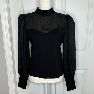 Anthropologie Flat White Black Bishop Sleeve Blouse Small Sheer Mixed Fabrics